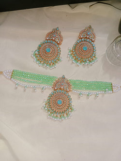 "Elegant Mint Green & Pearl Choker Jewelry Set"