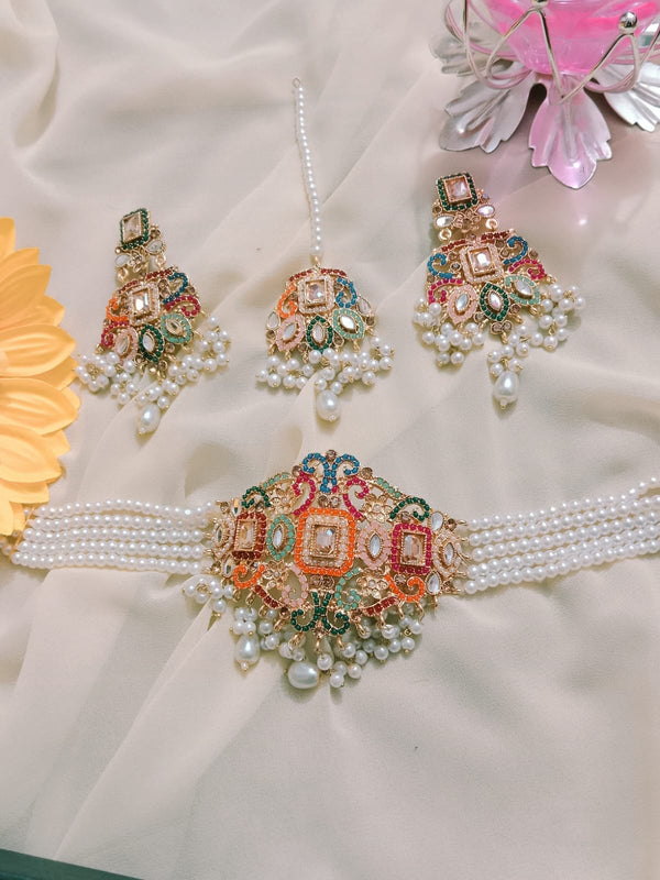 "Regal Multicolor Kundan & Pearl Choker Set"